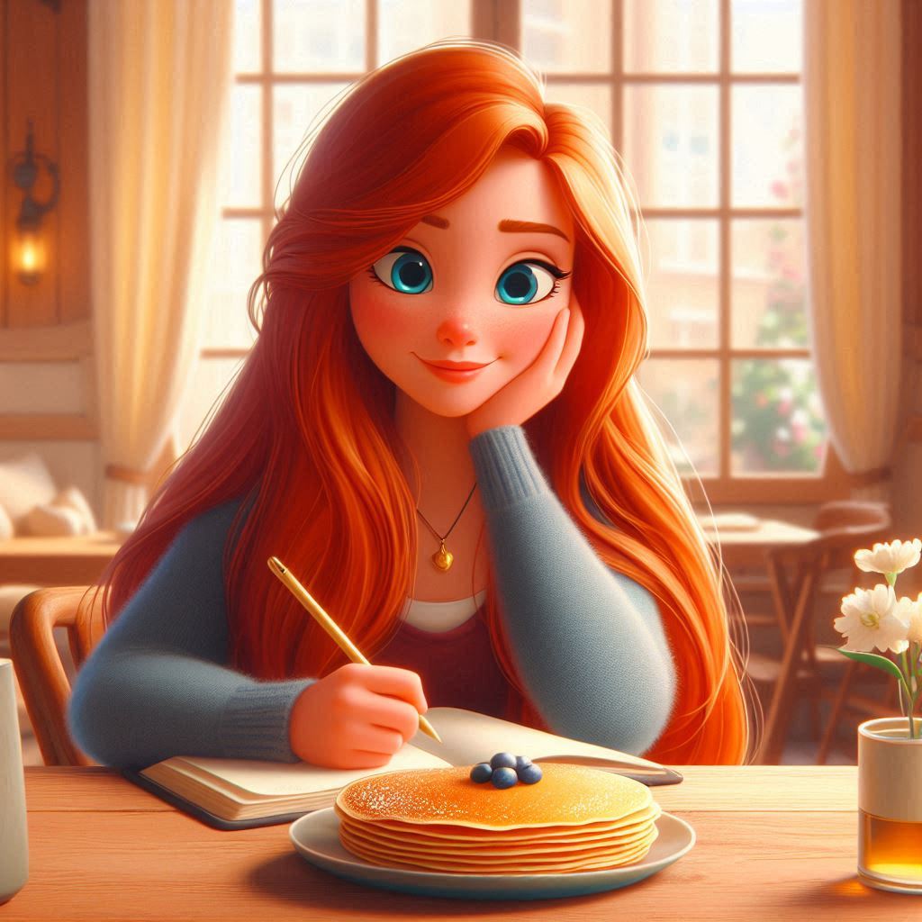 help me create this image, The image features a Disney-Pixar style illustration of a young woman with long red hair and bright blue eyes, sitting at a wooden table in a cozy, softly lit room. She has a thoughtful and content expression as she writes in a journal, reflecting on her goals. The space around her feels warm and inviting, with tidy surroundings, lush green plants, and a large window letting in beautiful natural light, adding to the peaceful atmosphere. In front of her, there’s a plate of golden, delicate french crêpes, drizzled with lemon and sugar, making the setting even more inviting. The art style is highly detailed, vibrant, and animated, with expressive facial features and a magical, heartwarming feel, reminiscent of classic Pixar films. The whole scene radiates a sense of comfort, reflection, and positivity, perfectly capturing the theme of your blog post. ✨